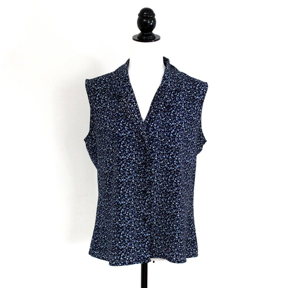 Floral Sleeveless Blouse, Vintage Blue Tiny Flowers Shirt
